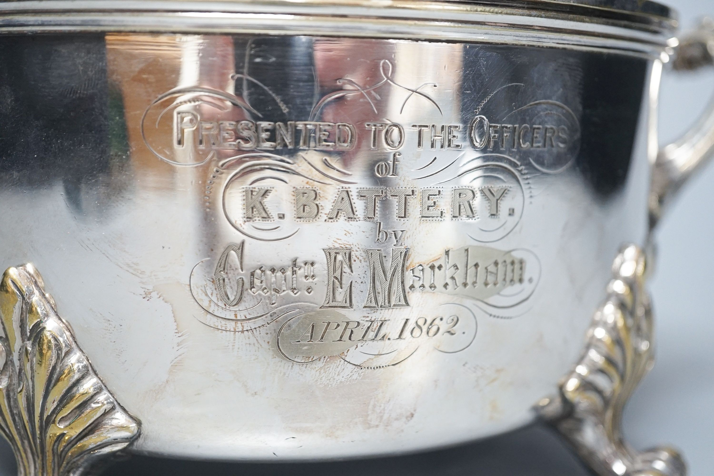 A Victorian Royal Horse Artillery sauce pot presented to the officers of K.Battery by Captain E. Markham April 1862